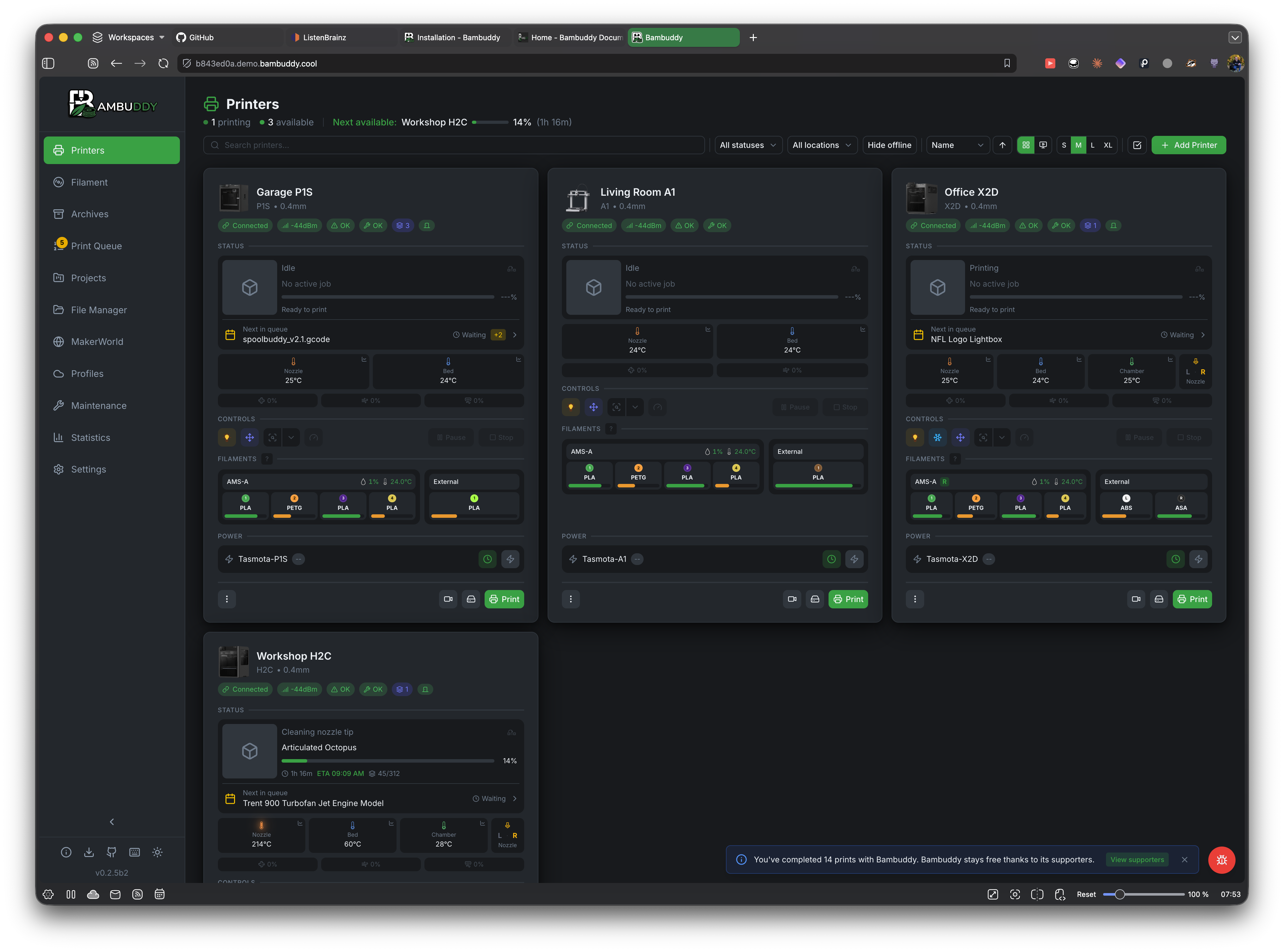 Bambuddy screenshot showing 4 printers
